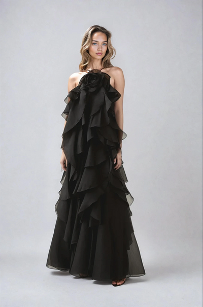 AZÉLIE | ROBE LONGUE À VOLANTS ET FLEUR CENTRALE