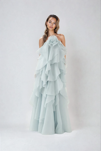 AZÉLIE | ROBE LONGUE À VOLANTS ET FLEUR CENTRALE