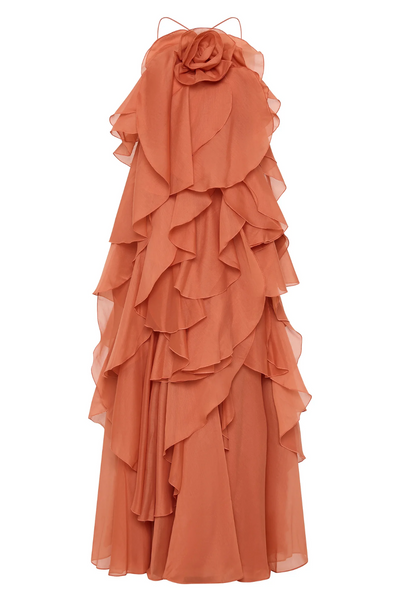 AZÉLIE | ROBE LONGUE À VOLANTS ET FLEUR CENTRALE