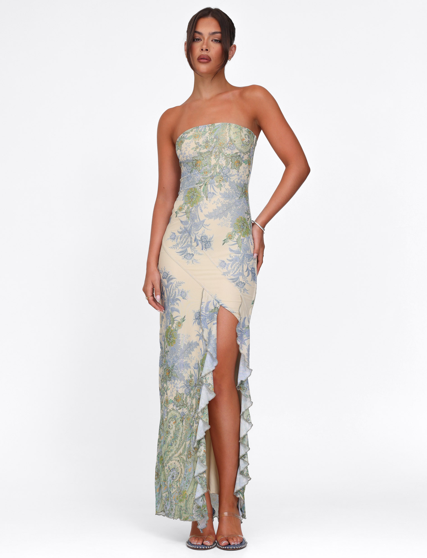 INESIA | ROBE LONGUE BUSTIER À VOLANTS LATÉRAUX