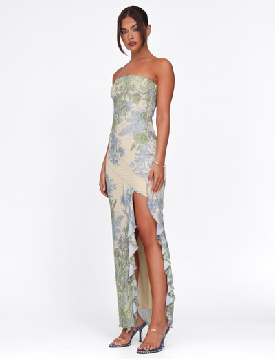 INESIA | ROBE LONGUE BUSTIER À VOLANTS LATÉRAUX